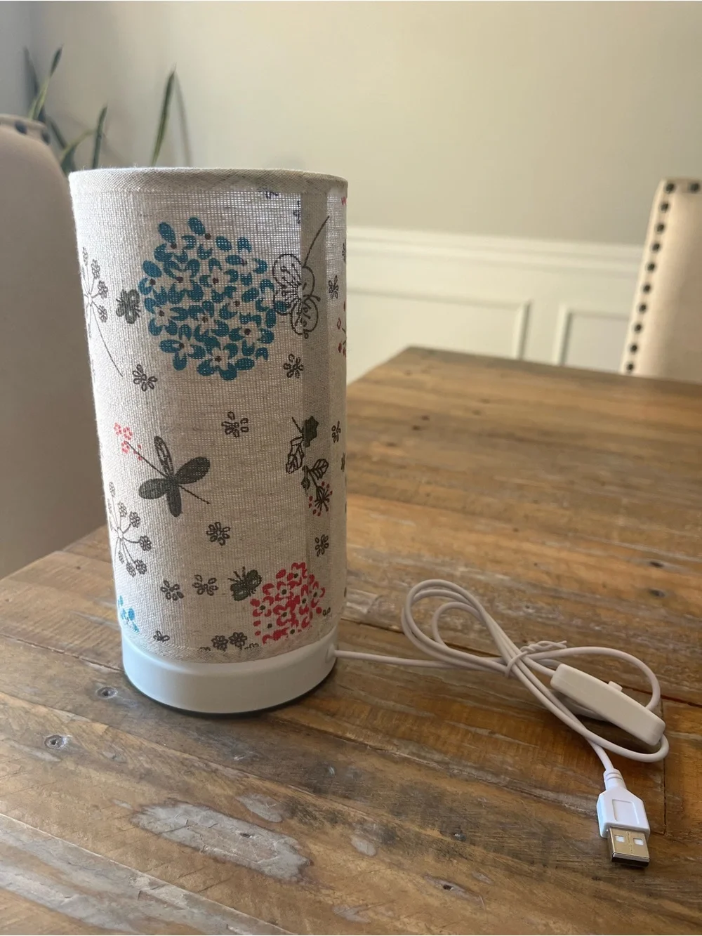 Floral Linen Table Lamp - Blue and Red Accent